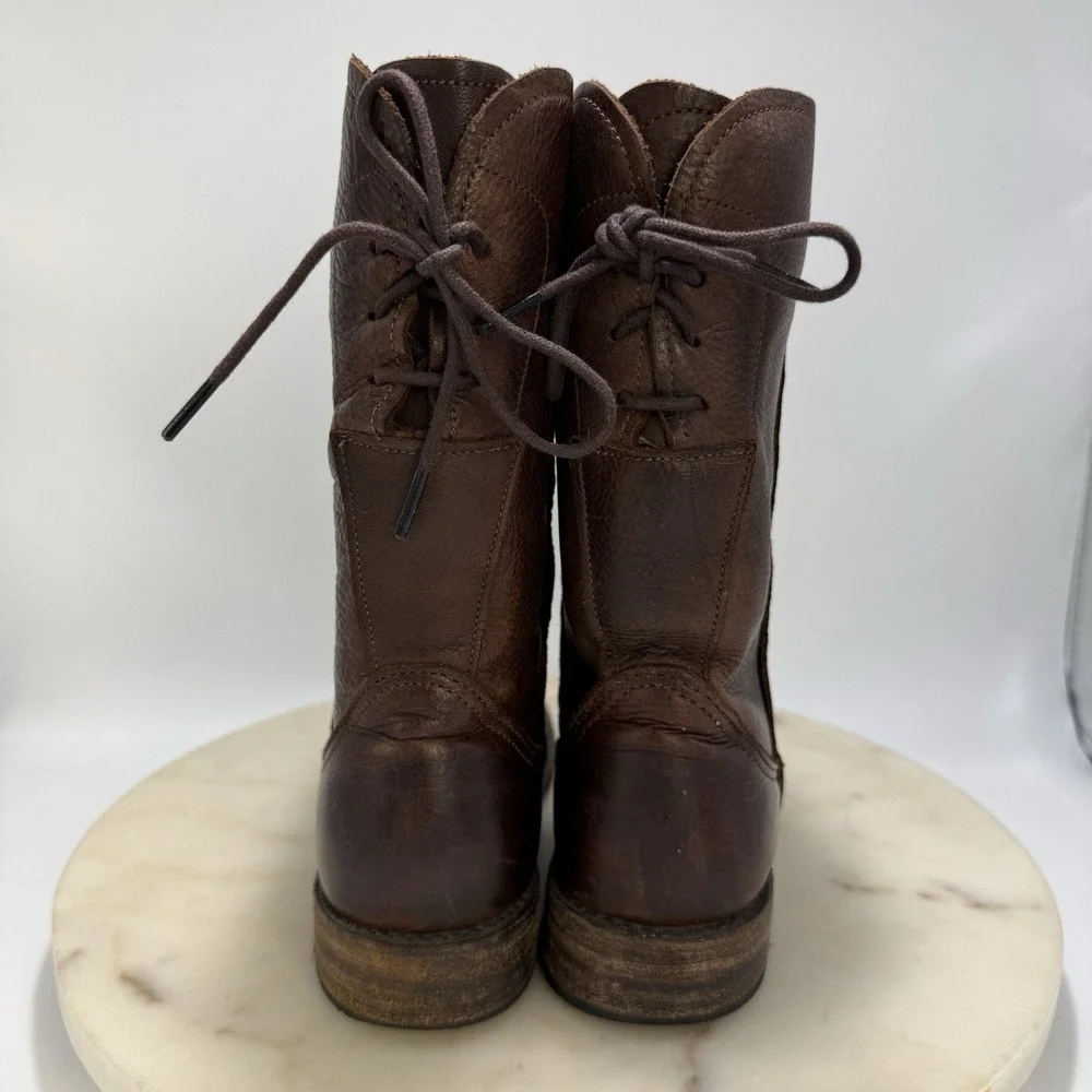 Vintage Shoe Company Leather Back Lace Brown Mid Calf Moto Boots USA Made 6.5M